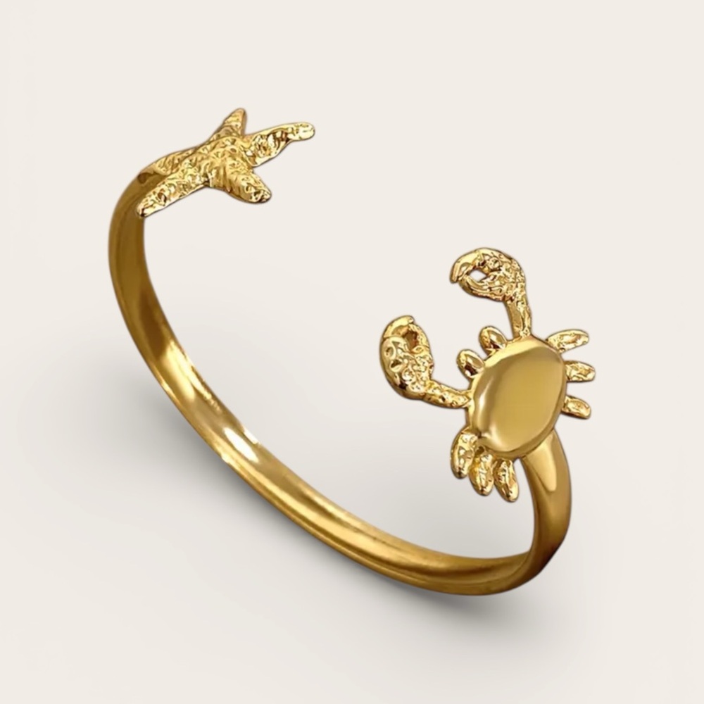 🦀Gold Stainless SteelCrab & Starfish Cuff Bracelet | Coastal Charm/Vacation Gift